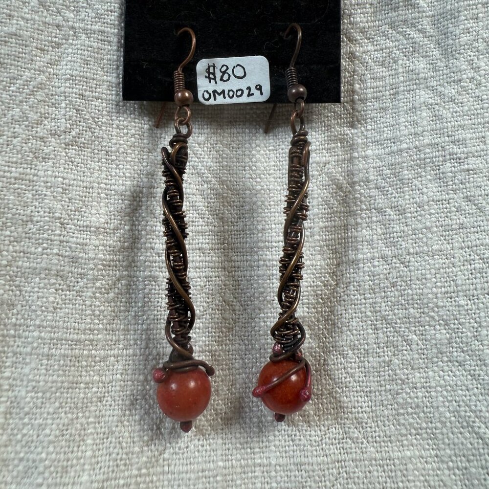 Handcrafted Copper Wire-Wrapped Carnelian Beads Long Drop Earrings Jewelry